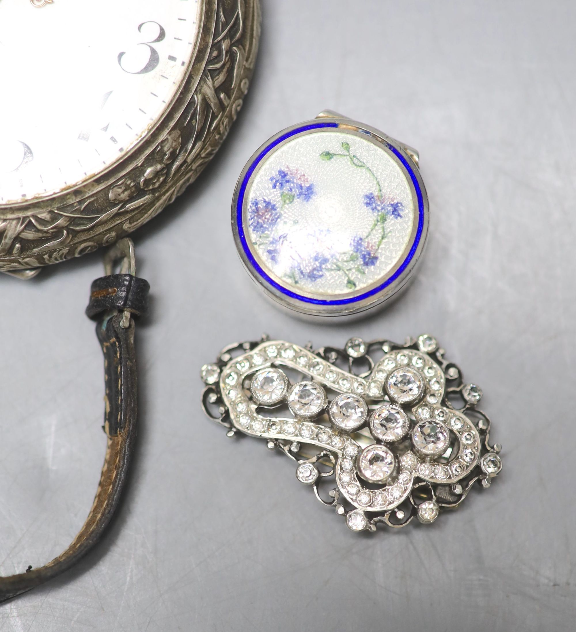 Two white metal and enamel pill boxes including one silver, a ladys 800 standard Baume wrist watch, Doxa pocket watch etc.